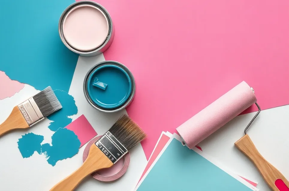 Pots de peinture, nuancier, brosses et rouleaux disposés à plat