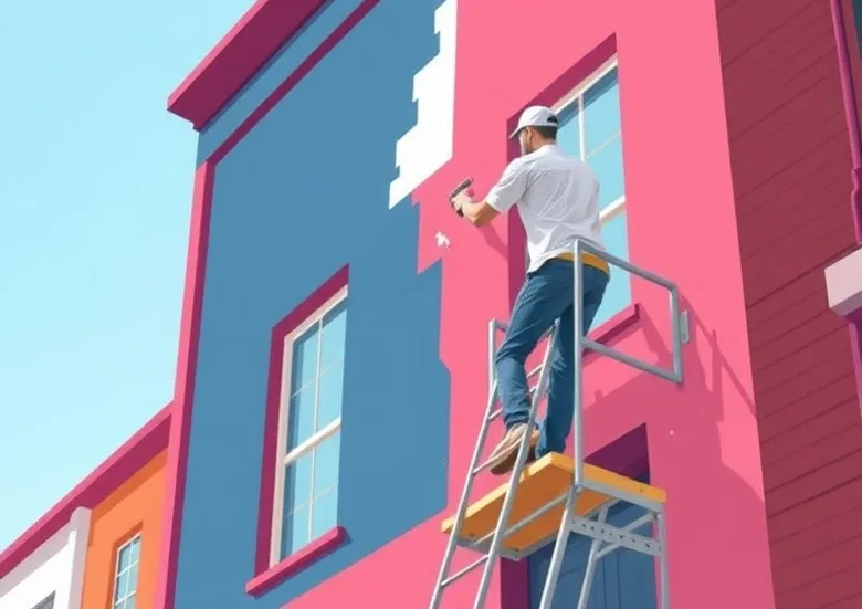 Peintre sur échafaudage traitant la façade d'une maison