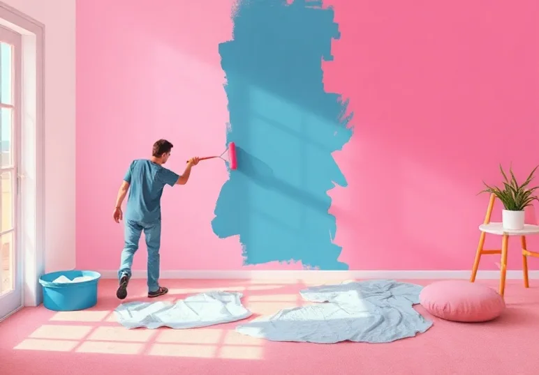 Peintre appliquant la peinture au rouleau sur un mur de salon